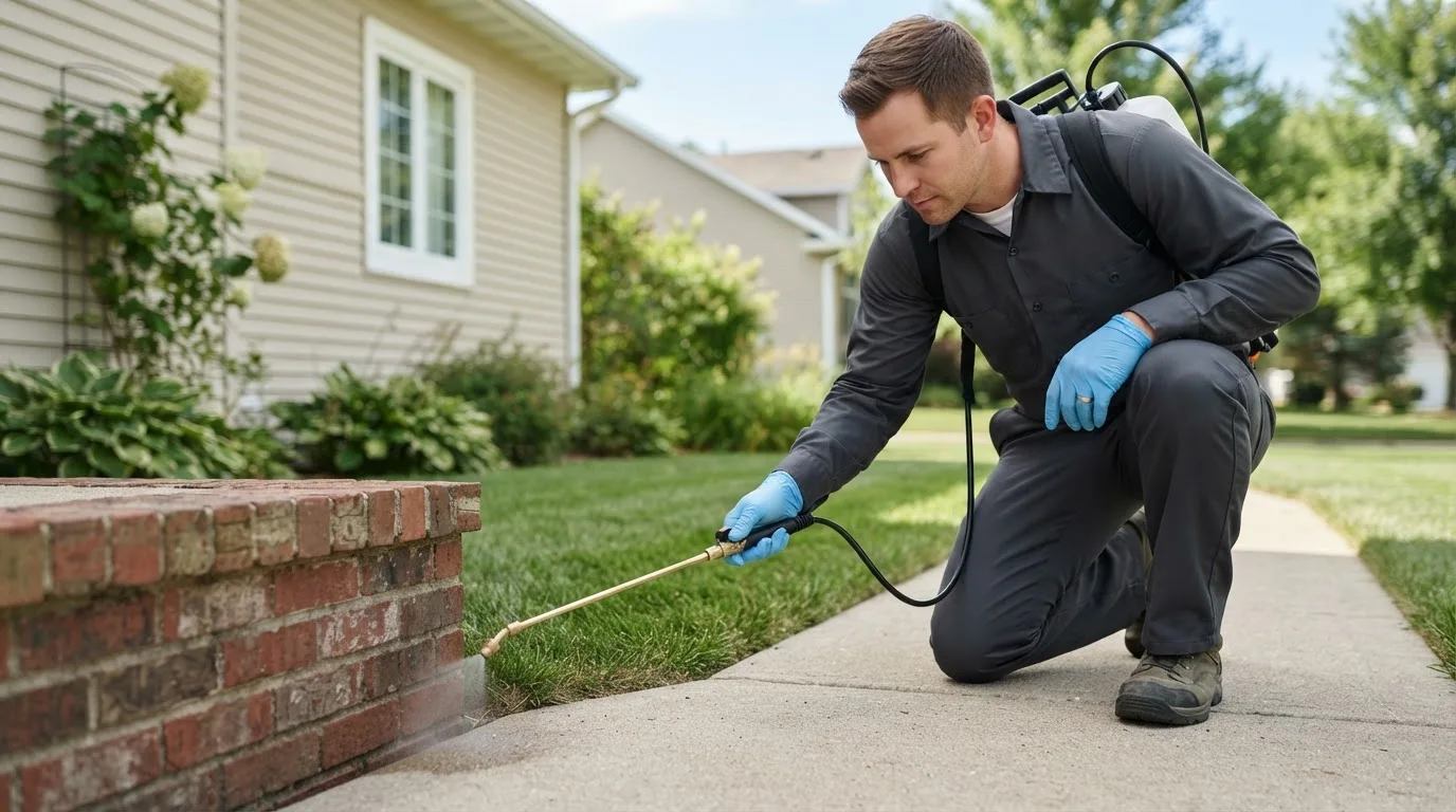 Pest control technician treating a home near Mantua, UT